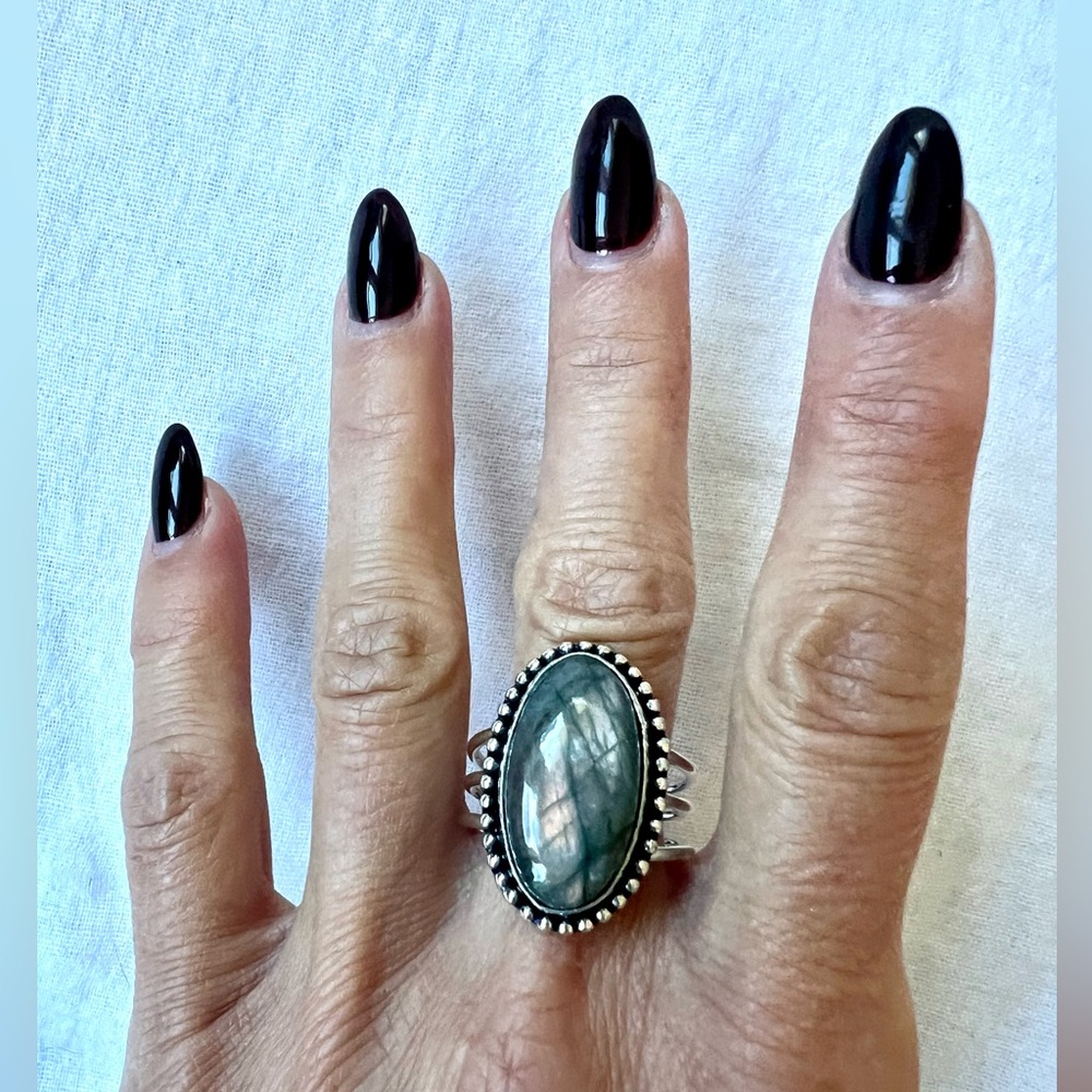 925 ROSE GOLD FLASH Labradorite Tri Band Ring 10.5 - Picture 8 of 9